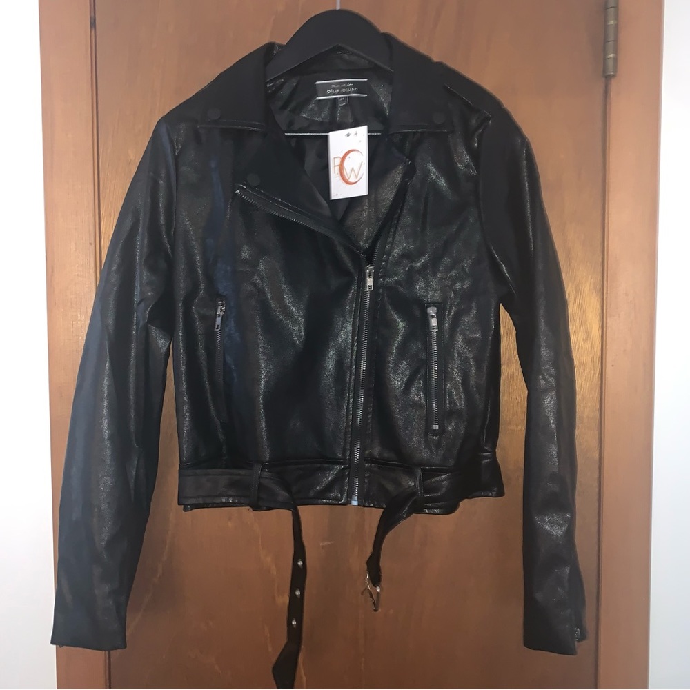 Women’s M Made with Love blue blush Black Faux Leather Moto Jacket NWT